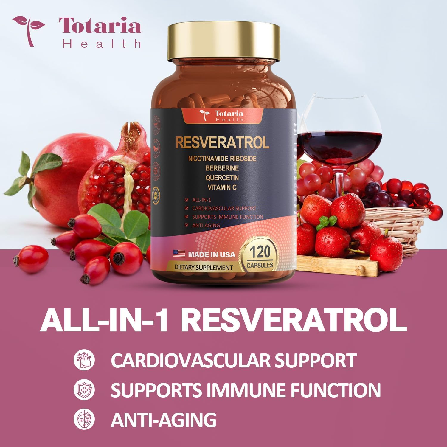 Extra Strength Totaria Resveratrol Supplement with Berberine, Quercetin, Green Tea Extract, Grape Seed Extract - 120 Capsules for Heart Health