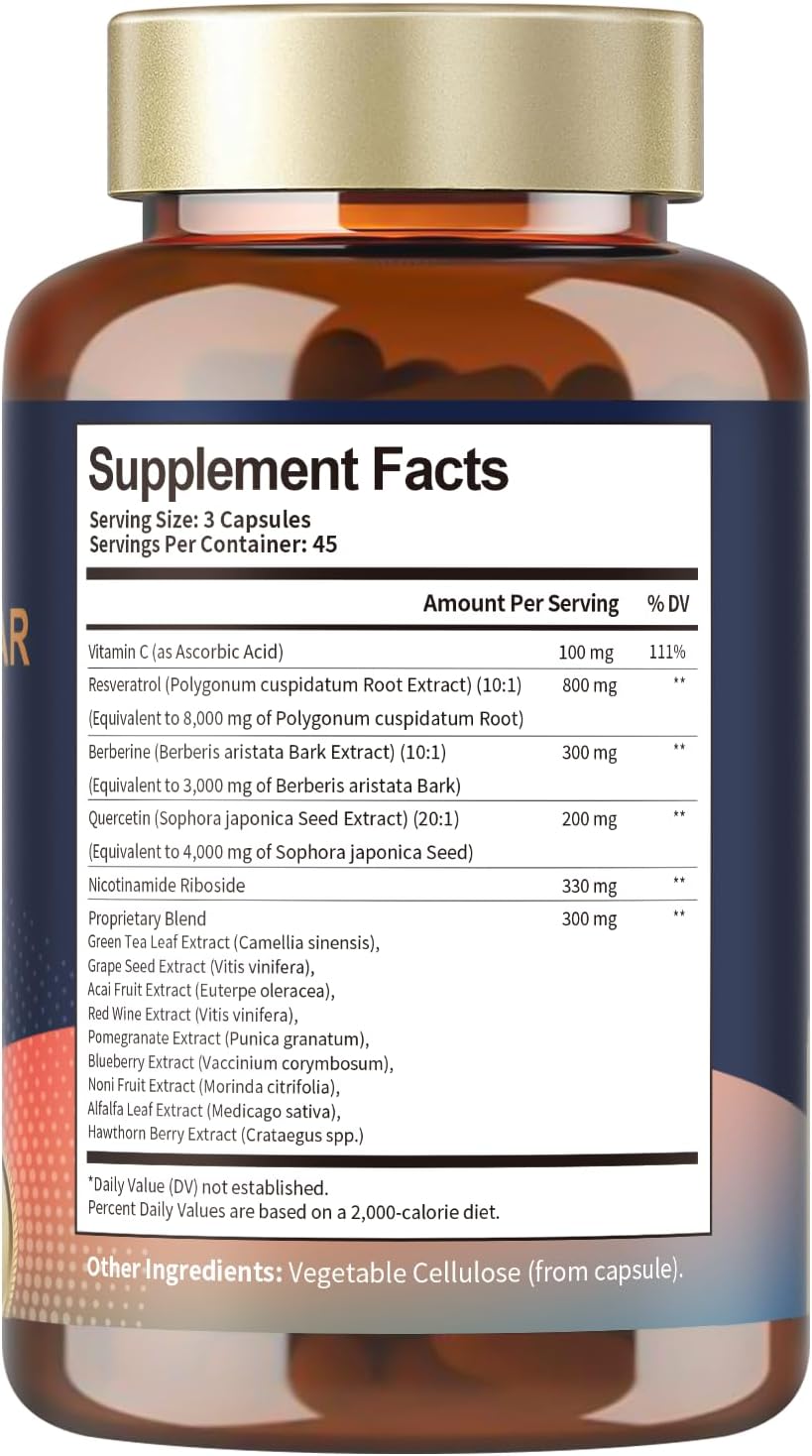 Extra Strength Totaria Resveratrol Supplement with Berberine, Quercetin, Green Tea Extract, Grape Seed Extract - 120 Capsules for Heart Health