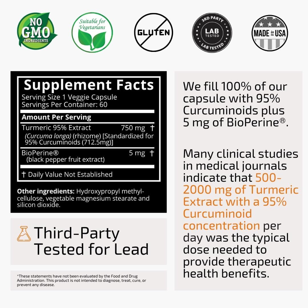 Extra Strength Turmeric Extract Capsules with BioPerine® Black Pepper - 750mg per Capsule, 95% Curcuminoids - Non-GMO Veggie Capsules, 60 Day Supply