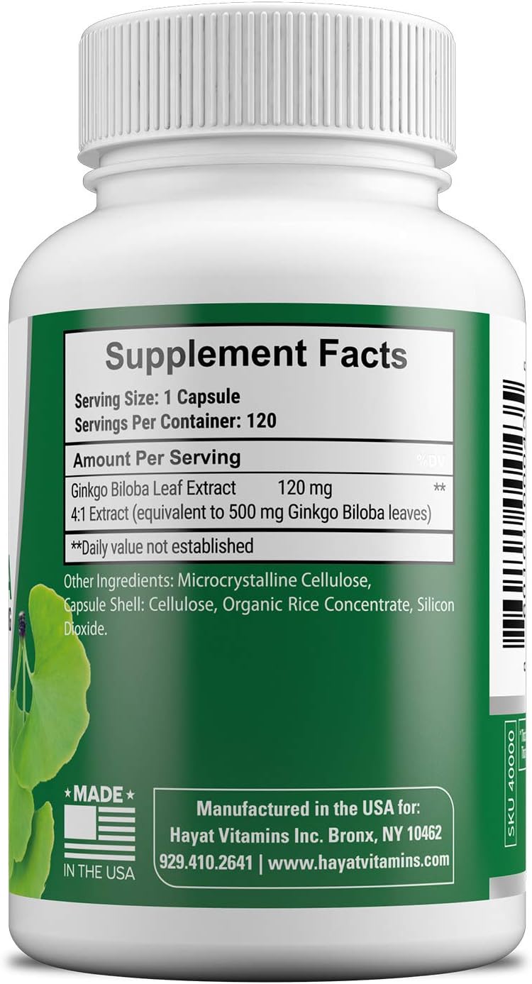 Extra Strength Vegan Ginkgo Biloba Vitamins - 500 MG per Serving for Brain Function, Memory Support - 120 Capsules, Halal Certified - USA Made
