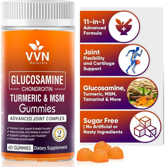 Extra Strength Vegan Glucosamine Chondroitin Gummies with MSM, Boswellia, Turmeric & Hyaluronic Acid | Sugar-Free Joint Support Gummies | 60 ct