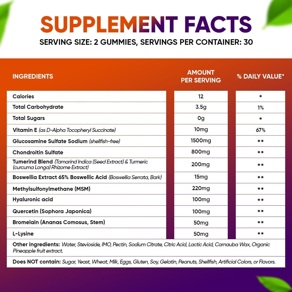 Extra Strength Vegan Glucosamine Chondroitin Gummies with MSM, Boswellia, Turmeric & Hyaluronic Acid | Sugar-Free Joint Support Gummies | 60 ct