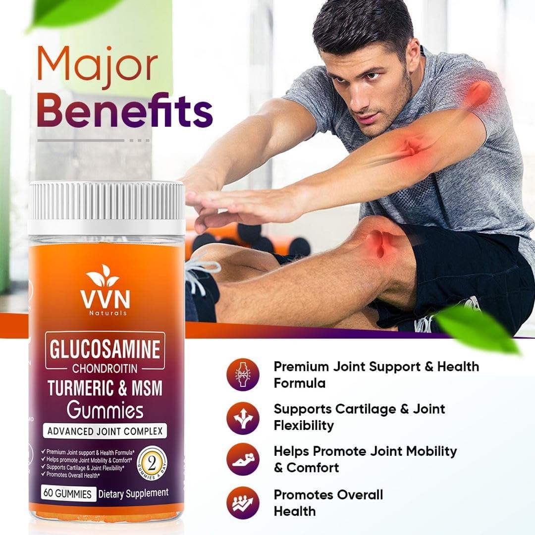 Extra Strength Vegan Glucosamine Chondroitin Gummies with MSM, Boswellia, Turmeric & Hyaluronic Acid | Sugar-Free Joint Support Gummies | 60 ct