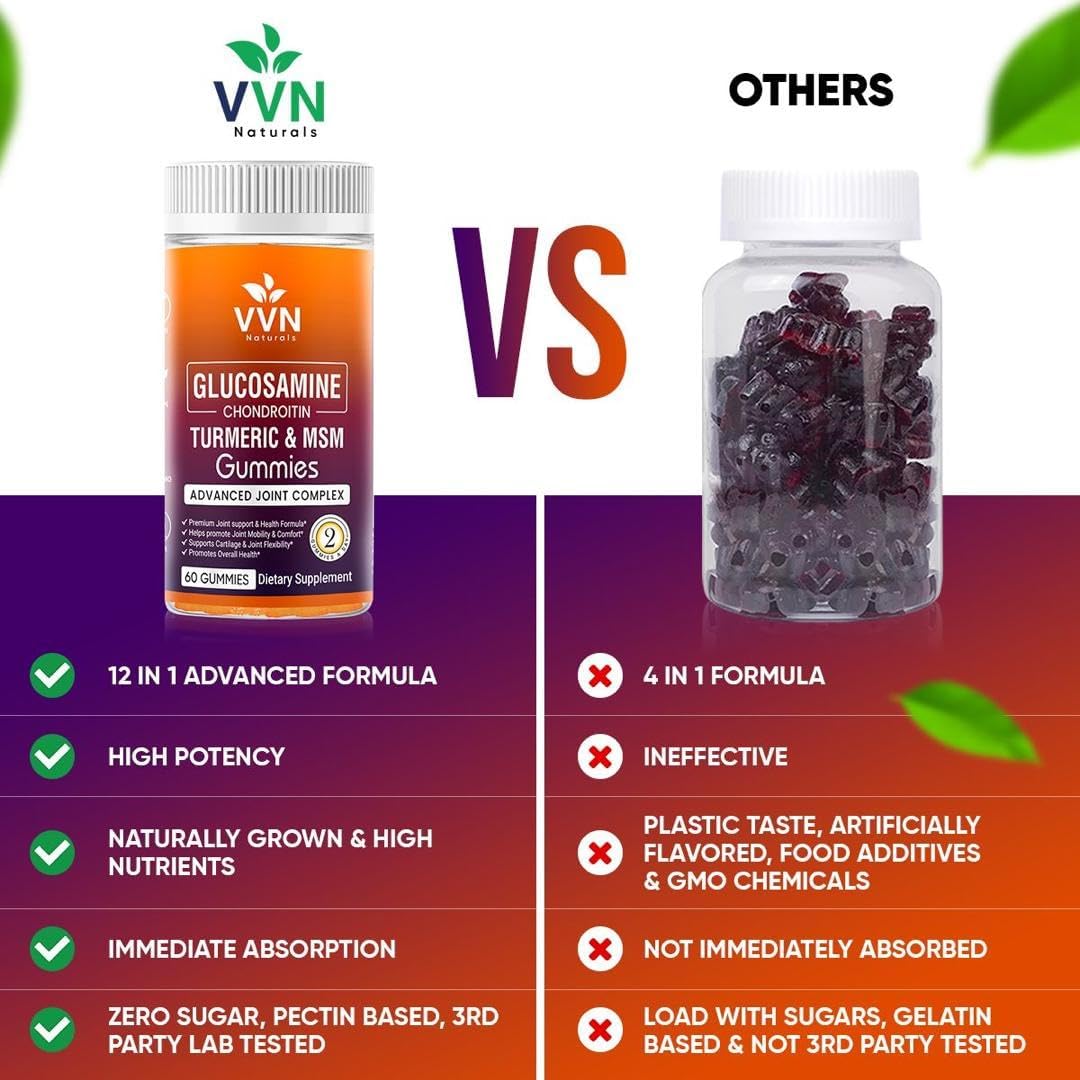 Extra Strength Vegan Glucosamine Chondroitin Gummies with MSM, Boswellia, Turmeric & Hyaluronic Acid | Sugar-Free Joint Support Gummies | 60 ct