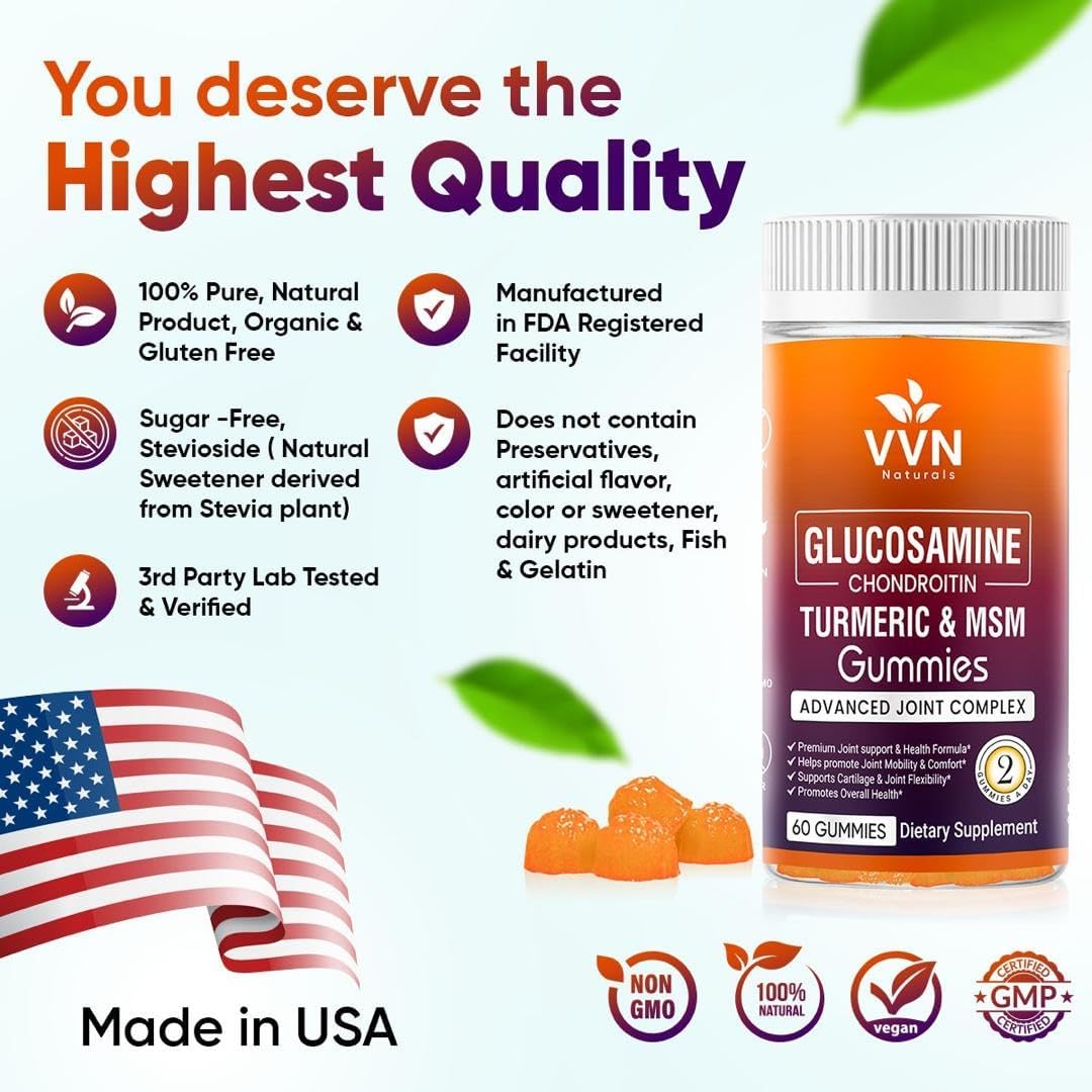Extra Strength Vegan Glucosamine Chondroitin Gummies with MSM, Boswellia, Turmeric & Hyaluronic Acid | Sugar-Free Joint Support Gummies | 60 ct