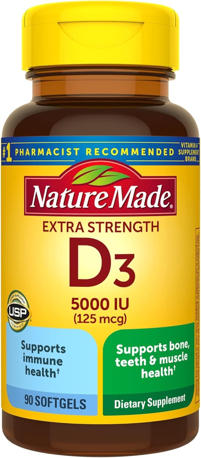 Extra Strength Vitamin D3 5000 IU Softgels for Bone, Teeth, Muscle & Immune Health Support - 90 Day Supply