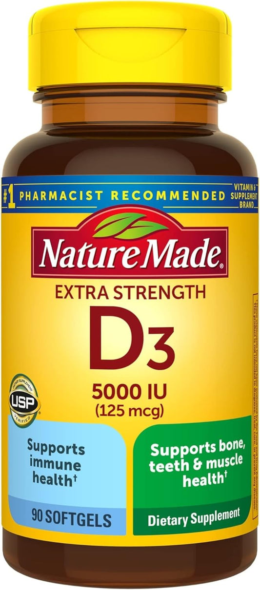 Extra Strength Vitamin D3 5000 IU Softgels for Bone, Teeth, Muscle & Immune Health Support - 90 Day Supply