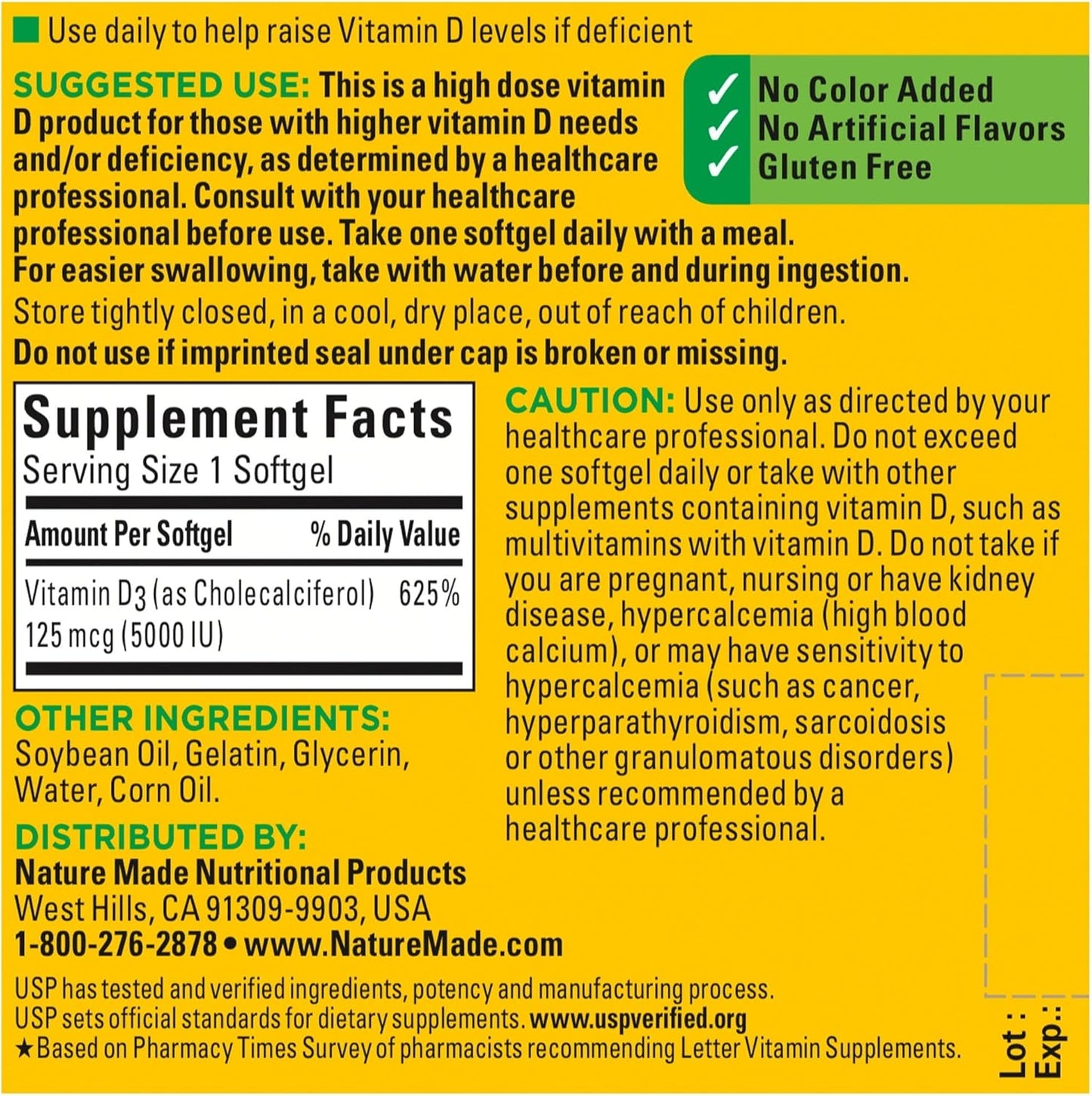 Extra Strength Vitamin D3 5000 IU Softgels for Bone, Teeth, Muscle & Immune Health Support - 90 Day Supply