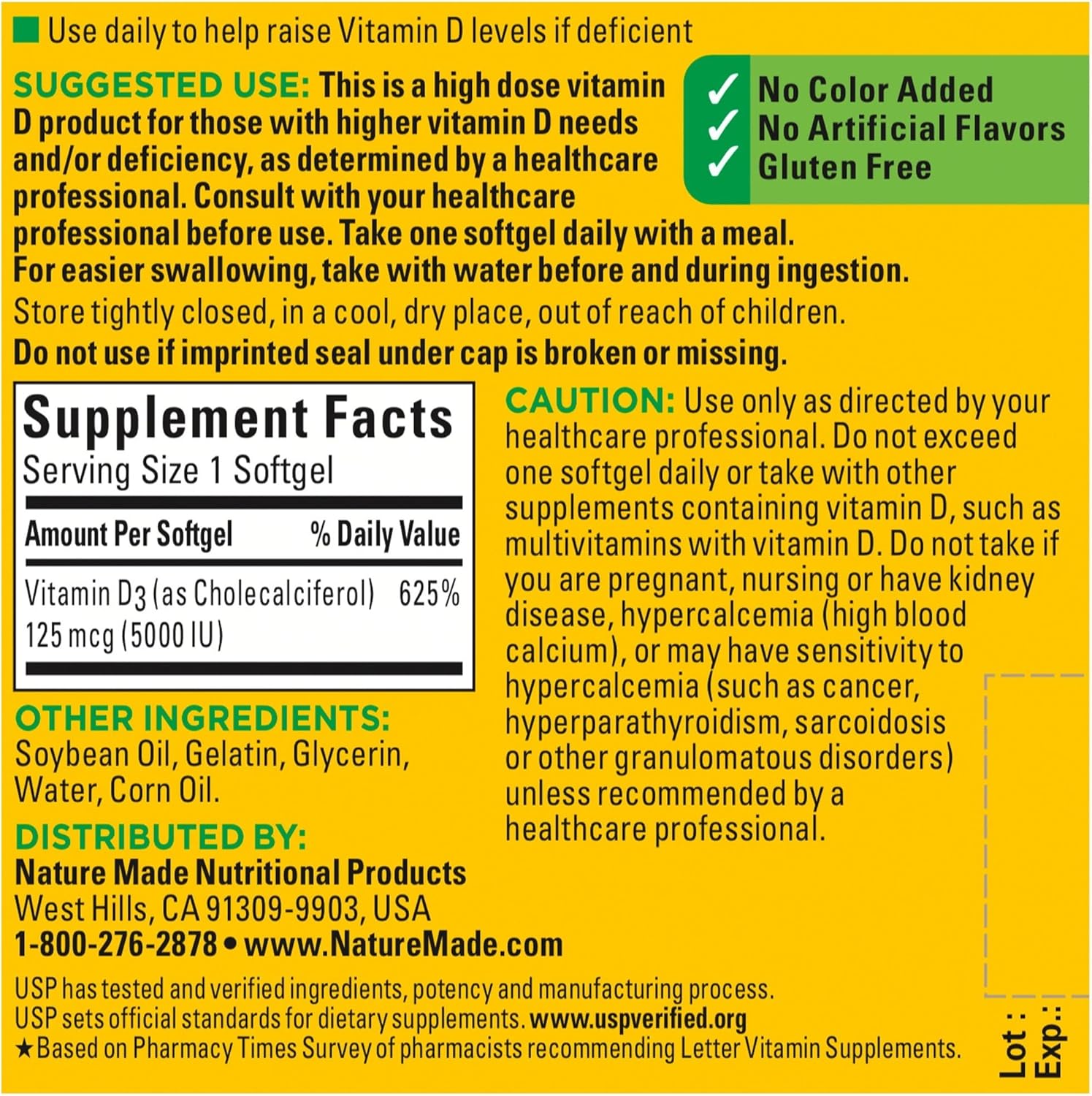 Extra Strength Vitamin D3 5000 IU Softgels for Bone, Teeth, Muscle & Immune Health Support - 90 Day Supply