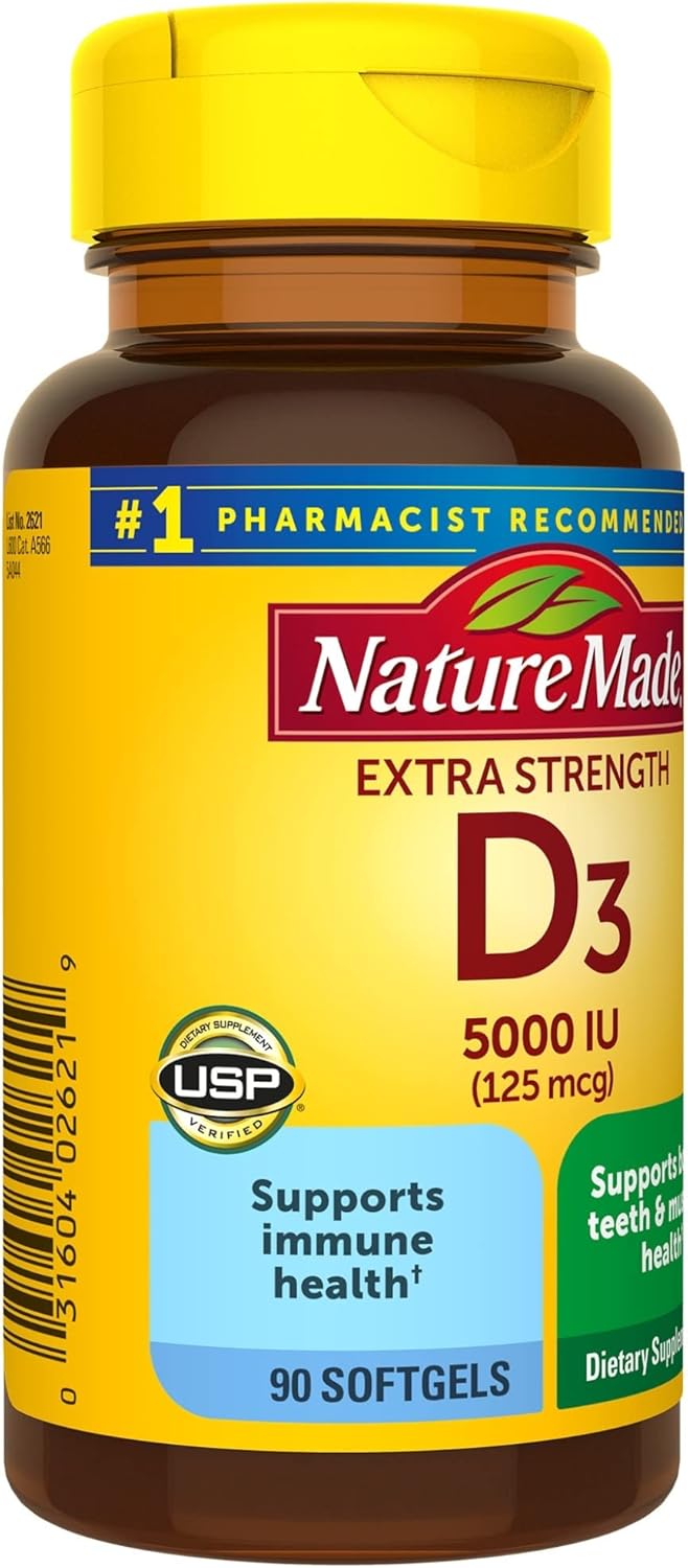 Extra Strength Vitamin D3 5000 IU Softgels for Bone, Teeth, Muscle & Immune Health Support - 90 Day Supply