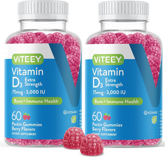 Extra Strength Vitamin D3 Gummies for Adults & Teens - 3,000 IU, 75mcg - Joint & Muscle Health, Immune Boost - Vegetarian Berry Flavored Gummy