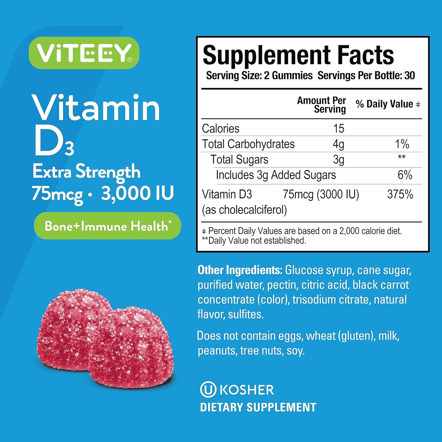 Extra Strength Vitamin D3 Gummies for Adults & Teens - 3,000 IU, 75mcg - Joint & Muscle Health, Immune Boost - Vegetarian Berry Flavored Gummy