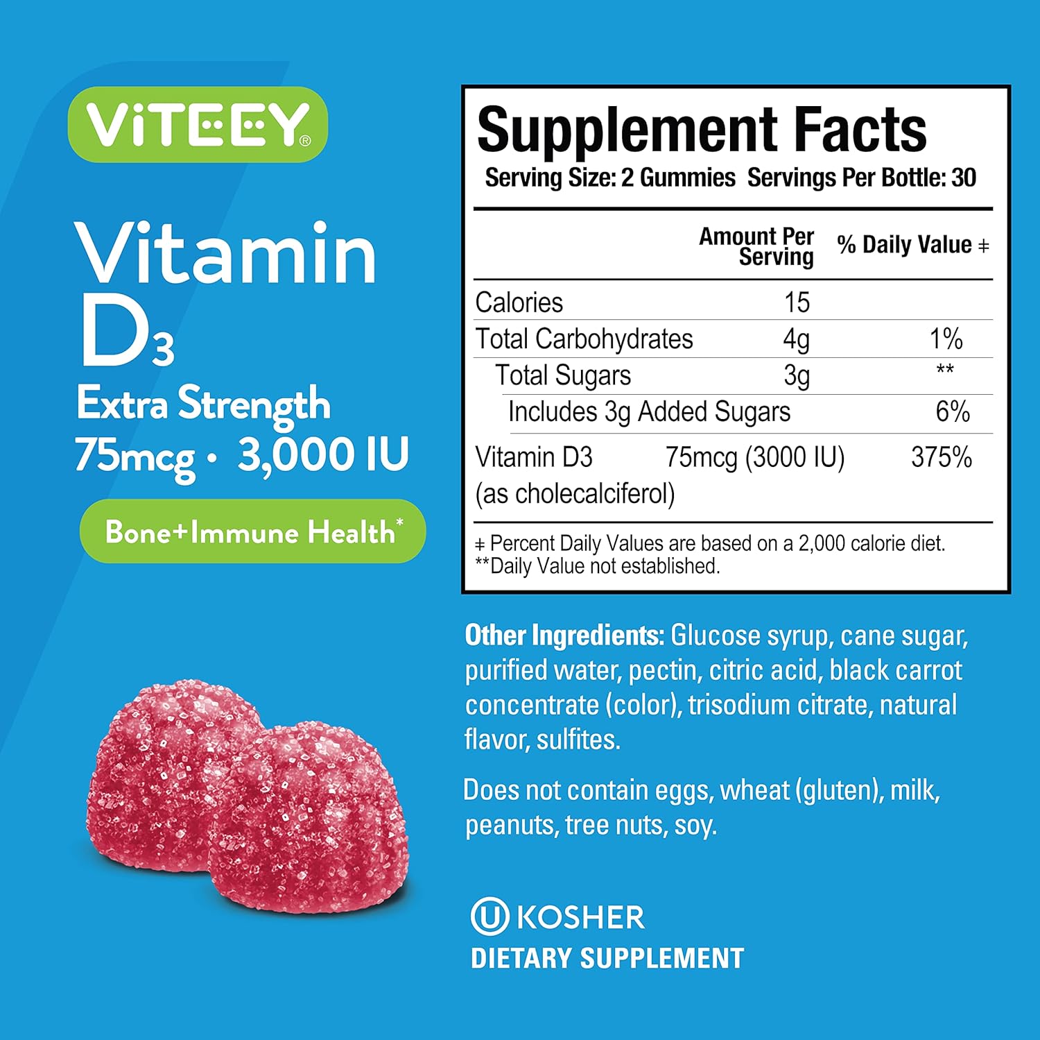 Extra Strength Vitamin D3 Gummies for Adults & Teens - 3,000 IU, 75mcg - Joint & Muscle Health, Immune Boost - Vegetarian Berry Flavored Gummy