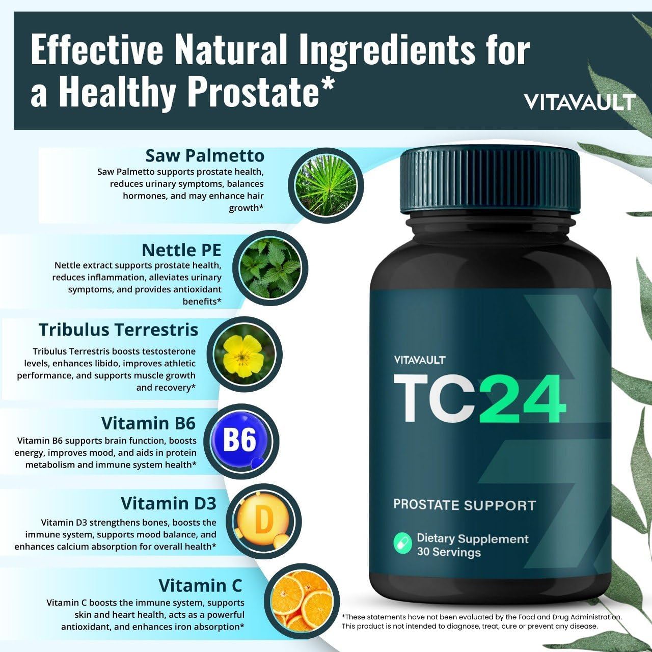 Extra Strength Vitavault TC24 Prostate Health Supplement Capsules - All Natural Formula for Prostate Support - 60 Capsules