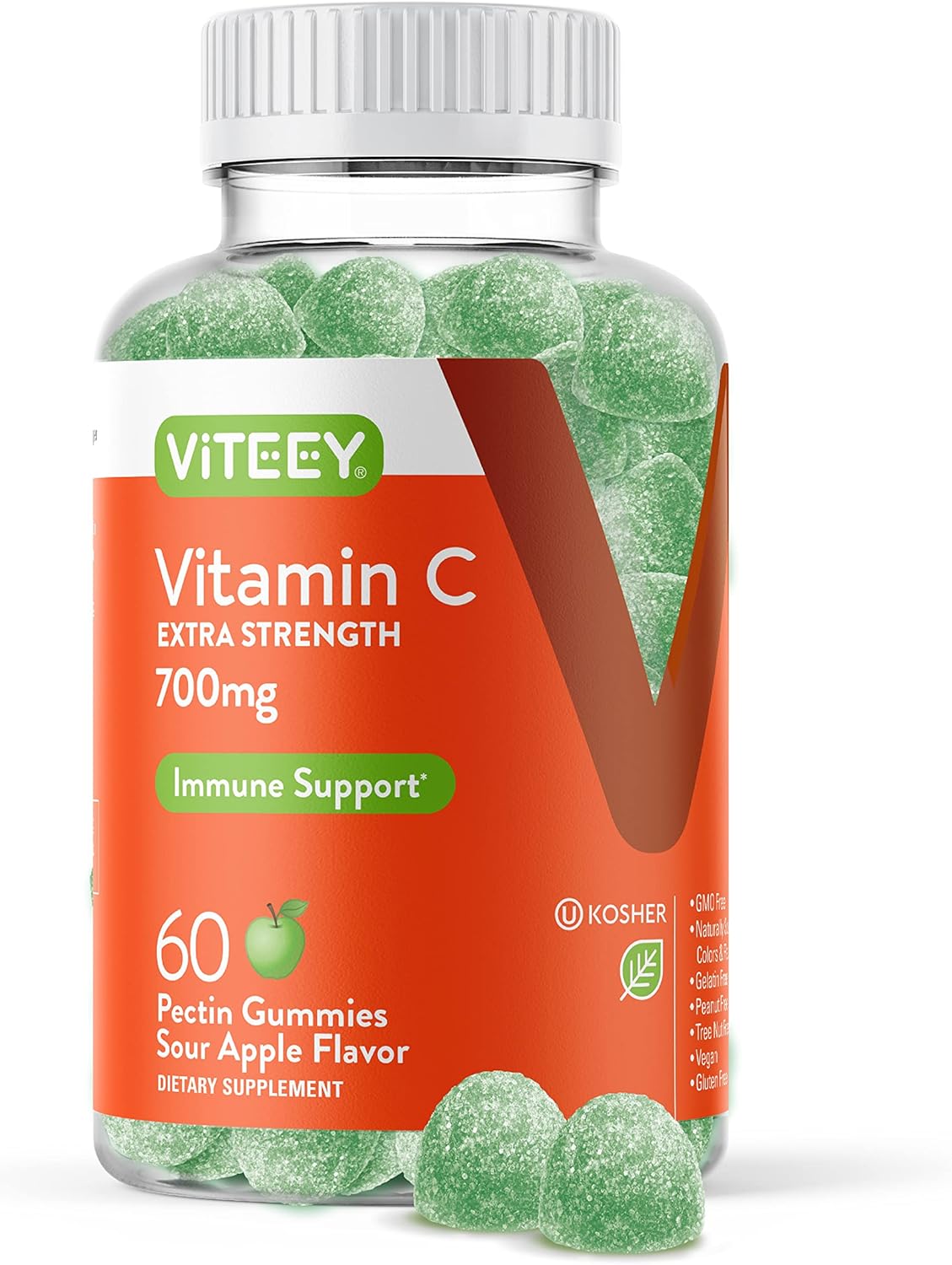 Extra Strength Viteey Vitamin C Gummies for Adults & Teens - Immune Support Booster - Vegan, Gluten Free - Sour Apple Flavored Chewables