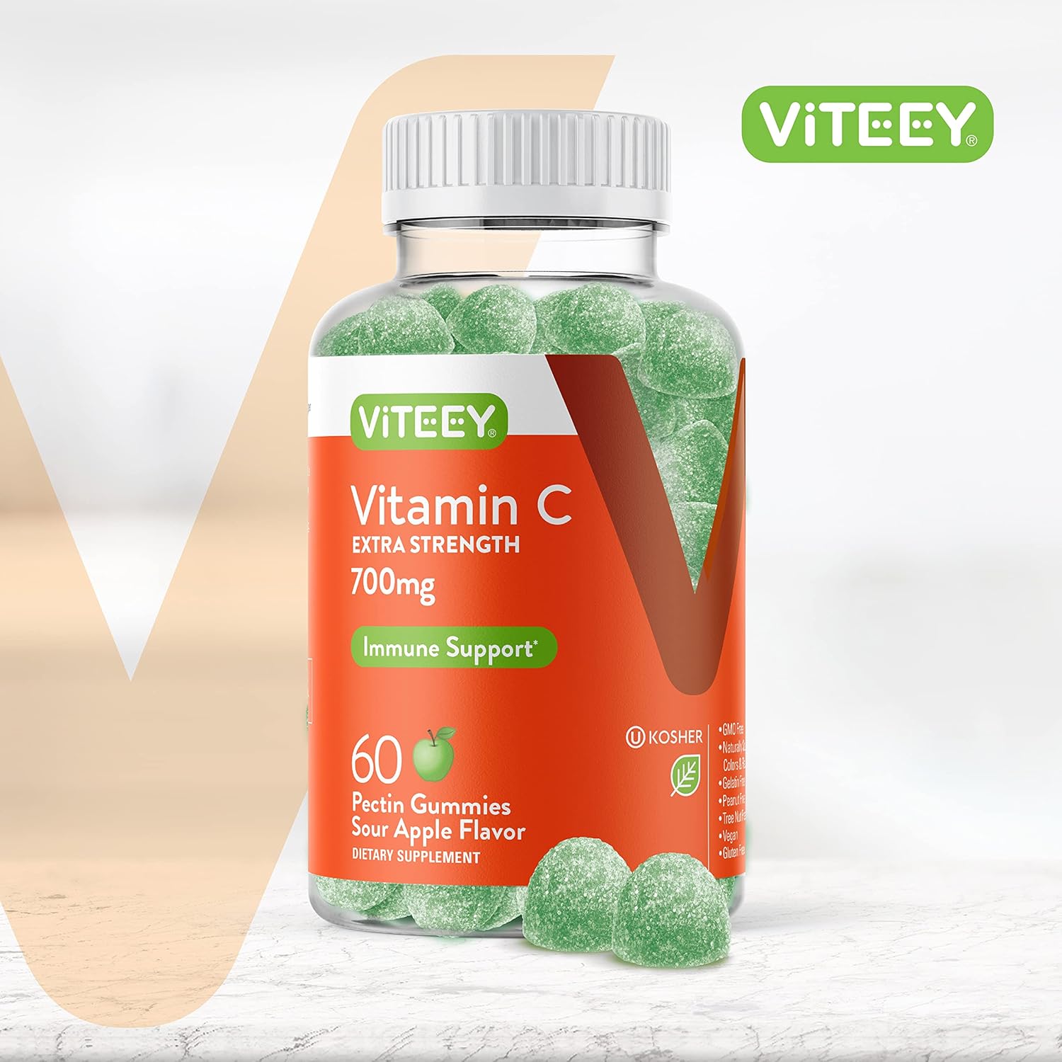Extra Strength Viteey Vitamin C Gummies for Adults & Teens - Immune Support Booster - Vegan, Gluten Free - Sour Apple Flavored Chewables