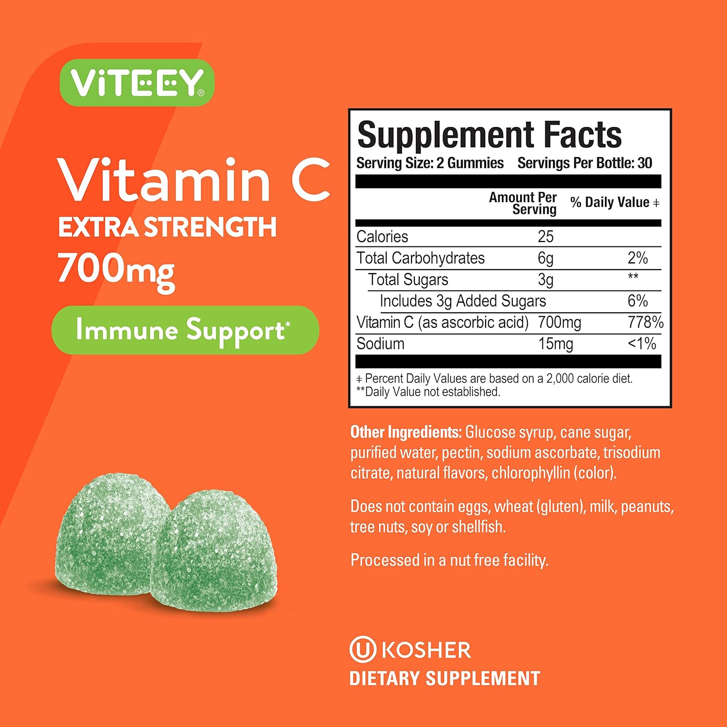 Extra Strength Viteey Vitamin C Gummies for Adults & Teens - Immune Support Booster - Vegan, Gluten Free - Sour Apple Flavored Chewables
