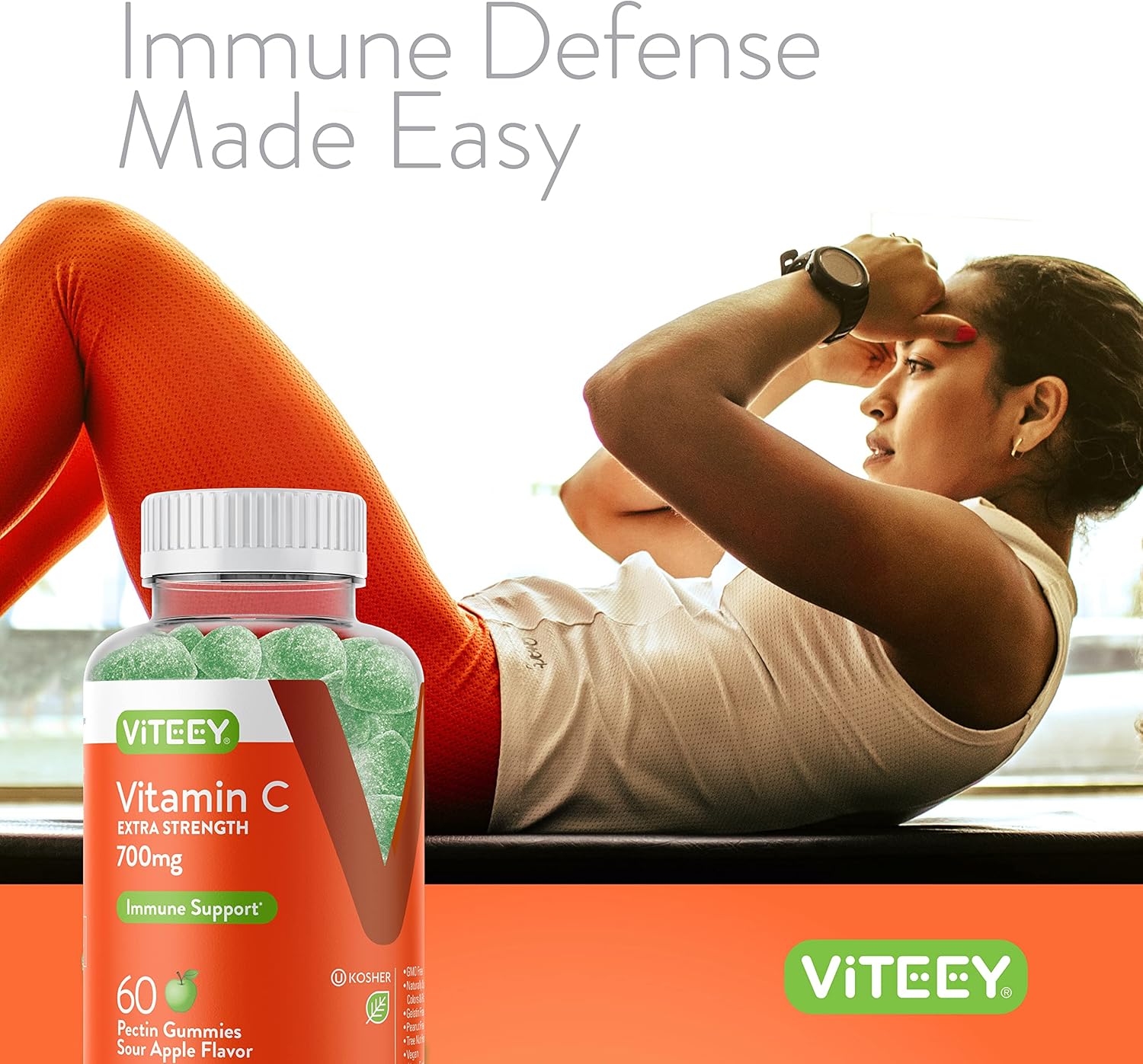 Extra Strength Viteey Vitamin C Gummies for Adults & Teens - Immune Support Booster - Vegan, Gluten Free - Sour Apple Flavored Chewables