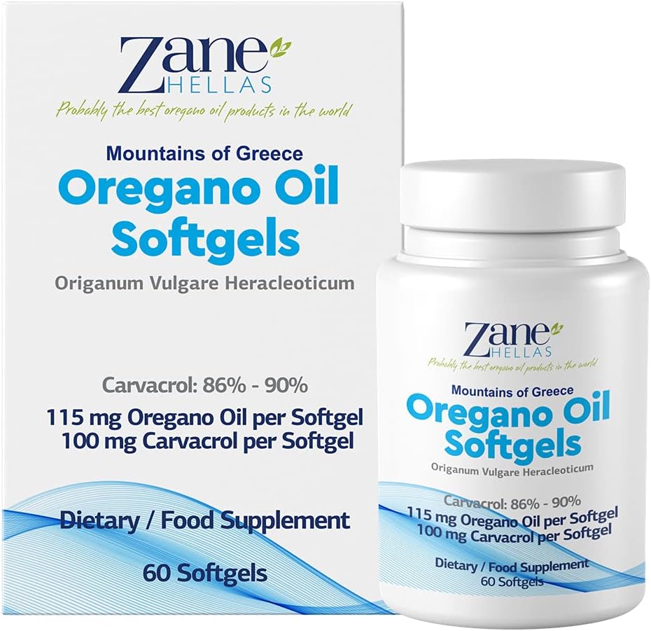 Extra Strength Zane Hellas Oregano Oil Softgels - 100 mg Carvacrol - 60 Softgels - Greek Essential Oil