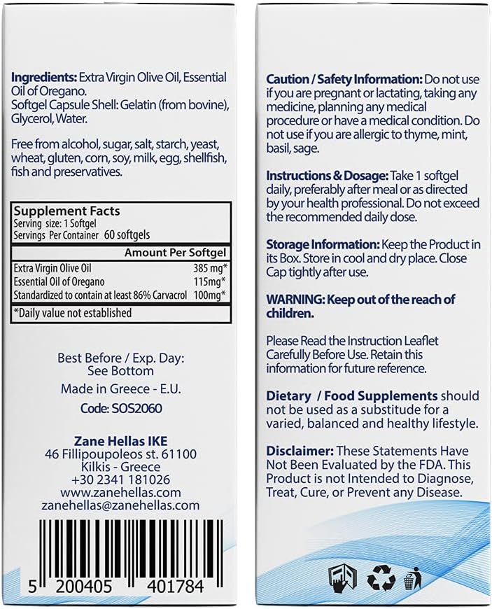 Extra Strength Zane Hellas Oregano Oil Softgels - 100 mg Carvacrol - 60 Softgels - Greek Essential Oil