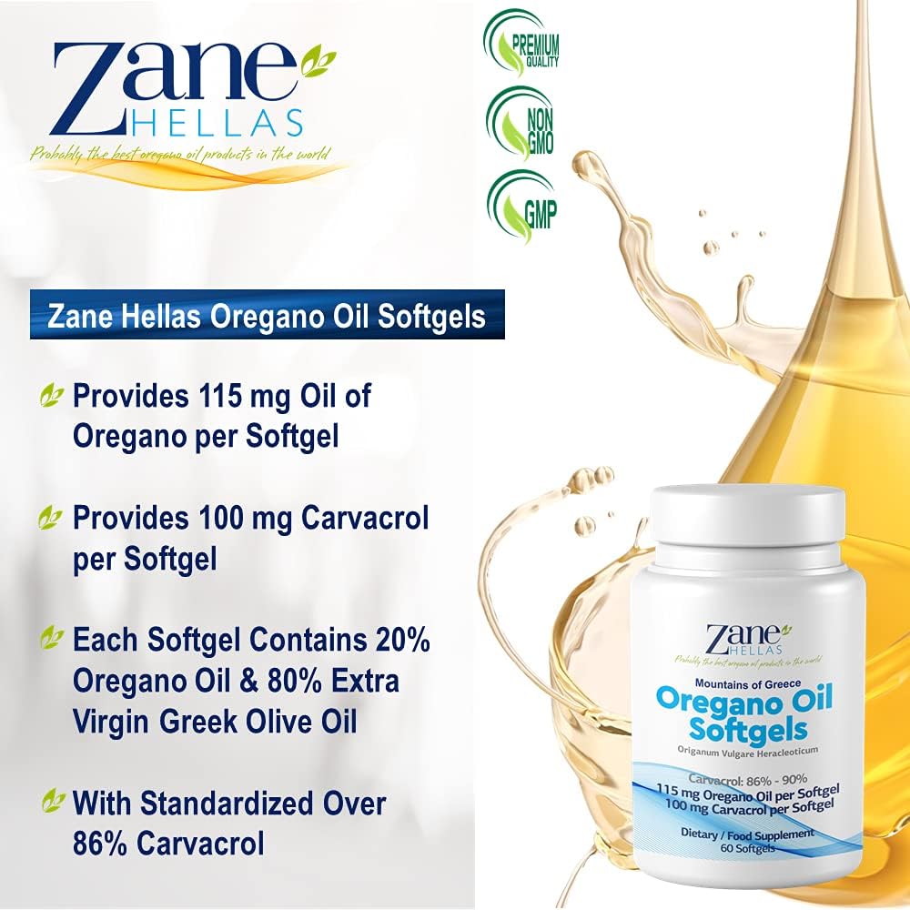 Extra Strength Zane Hellas Oregano Oil Softgels - 100 mg Carvacrol - 60 Softgels - Greek Essential Oil