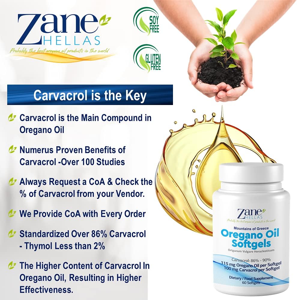 Extra Strength Zane Hellas Oregano Oil Softgels - 100 mg Carvacrol - 60 Softgels - Greek Essential Oil