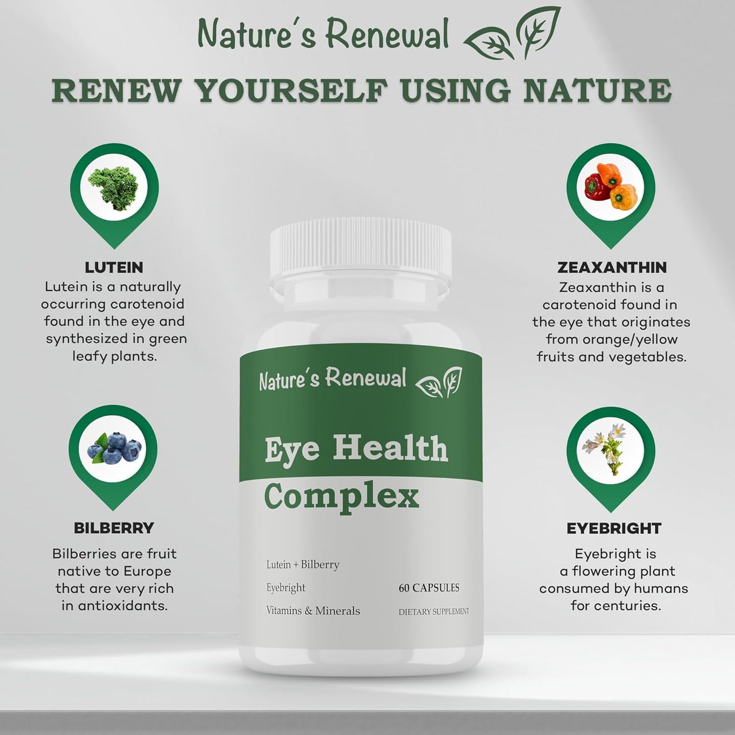Eye Health Complex Supplement with Lutein, Zeaxanthin, Lycopene, Bilberry, Eyebright, Carotenoids - Macular Support, Sight Care, Vision Antioxidants - 60 Capsules