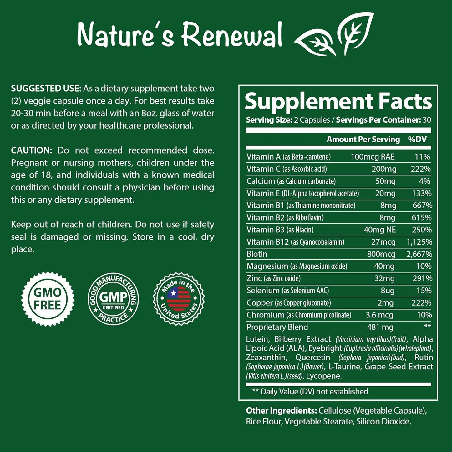 Eye Health Complex Supplement with Lutein, Zeaxanthin, Lycopene, Bilberry, Eyebright, Carotenoids - Macular Support, Sight Care, Vision Antioxidants - 60 Capsules