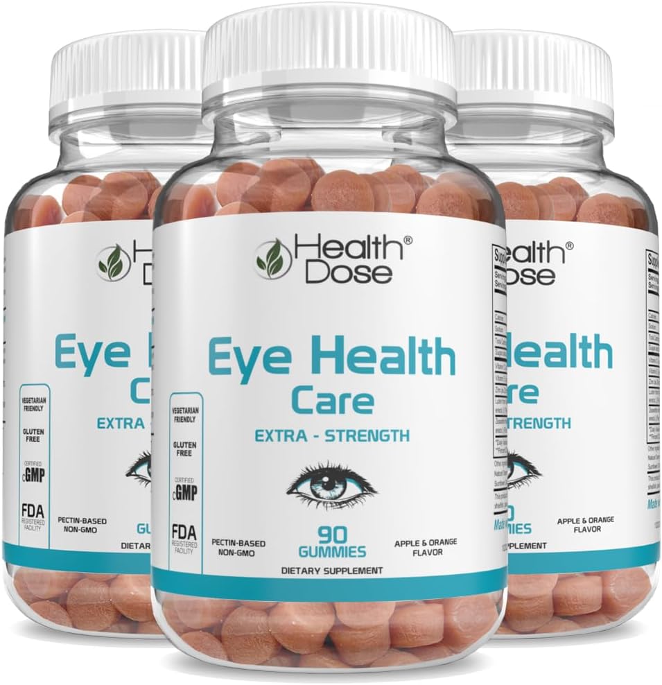 Eye Health Gummies with Lutein & Zeaxanthin for Eye Strain, Dry Eyes & Visual Performance - Apple & Orange Flavor - 90 Gummies - Pack of 3