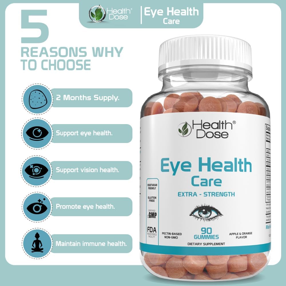 Eye Health Gummies with Lutein & Zeaxanthin for Eye Strain, Dry Eyes & Visual Performance - Apple & Orange Flavor - 90 Gummies - Pack of 3