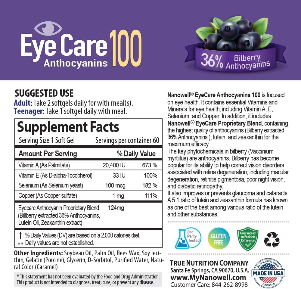 Eye Health Supplement with Bilberry, Zeaxanthin, Lutein, Anthocyanins, Vitamin A, E, Selenium & Copper - 60 Softgels
