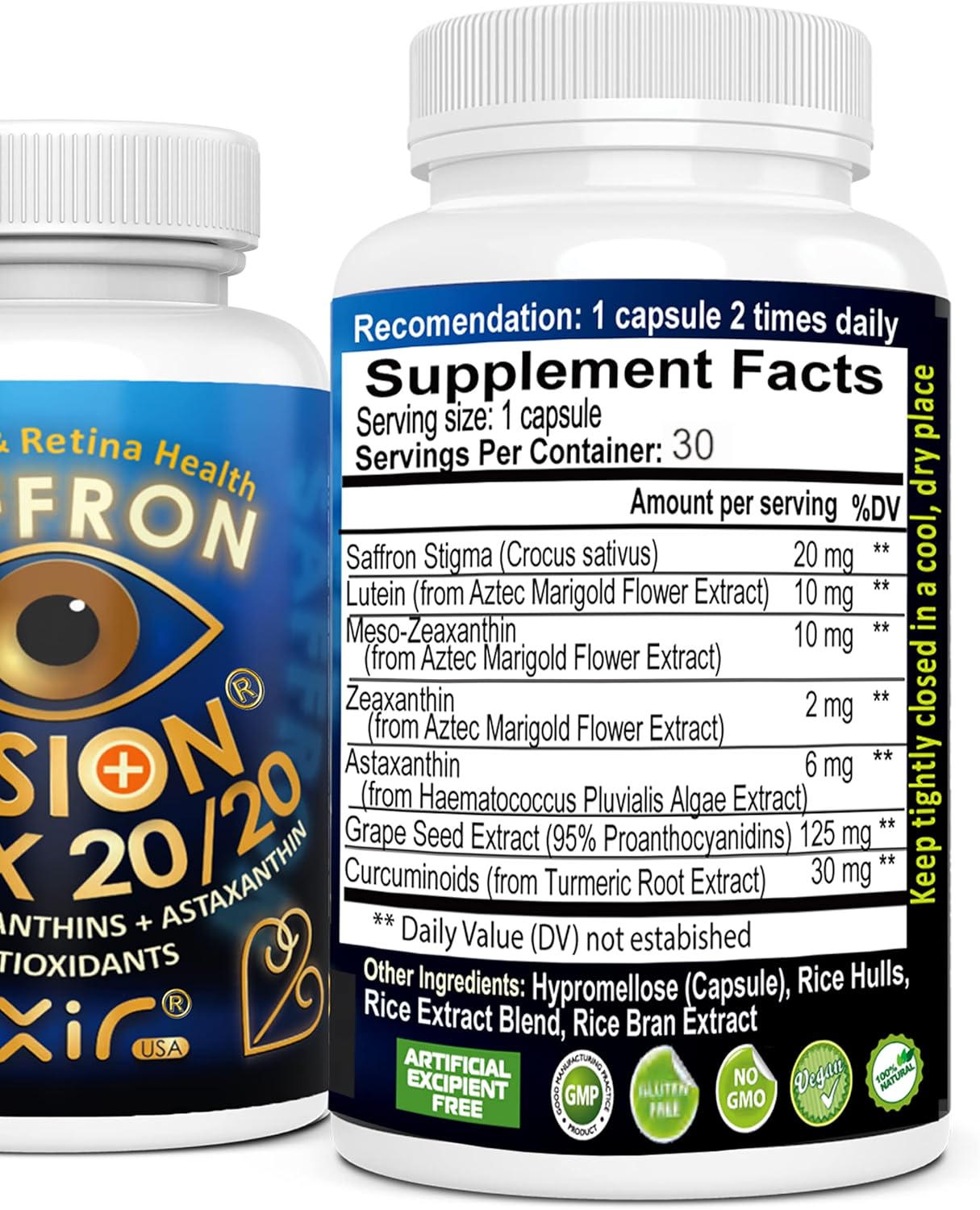 Eye Health Supplement with Lutein, Saffron, Astaxanthin, Zeaxanthin, Grape Seed, Turmeric - Supports Vision, Reduces Floaters, Strain, Pressure - 30 Capsules