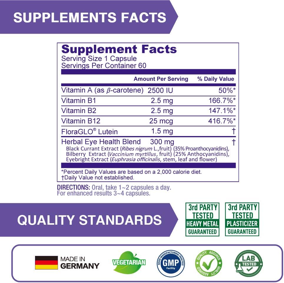Eye Health Support Supplement with FloraGLO Lutein, Black Currant, and Eyebright - 60 Capsules for Vision, Eye Strain, and Dry Eye
