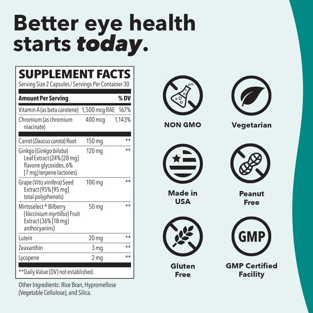 Eye Health & Vision Support Supplement - Carrot Root, Bilberry, Ginkgo Biloba, Lutein, Zeaxanthin, & More - 60 Capsules