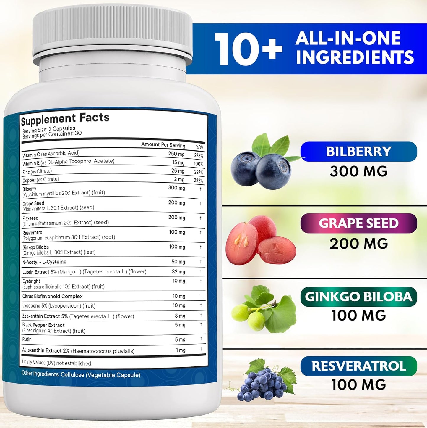 Eye Health Vitamin Supplement with Bilberry, Lutein, Zeaxanthin, Lycopene, Resveratrol, Grape Seed Extract, and Astaxanthin - 180 Count