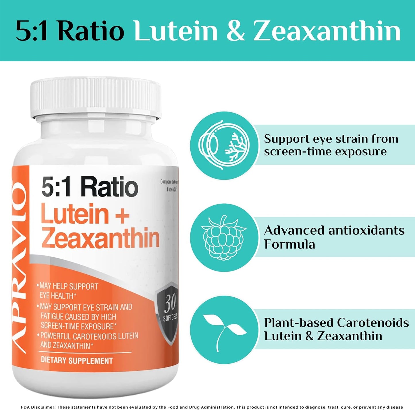 Eye Health Vitamins with Lutein & Zeaxanthin, Antioxidant-Rich Eye Supplements to Combat Blue Light & Eye Strain, 30 Softgels