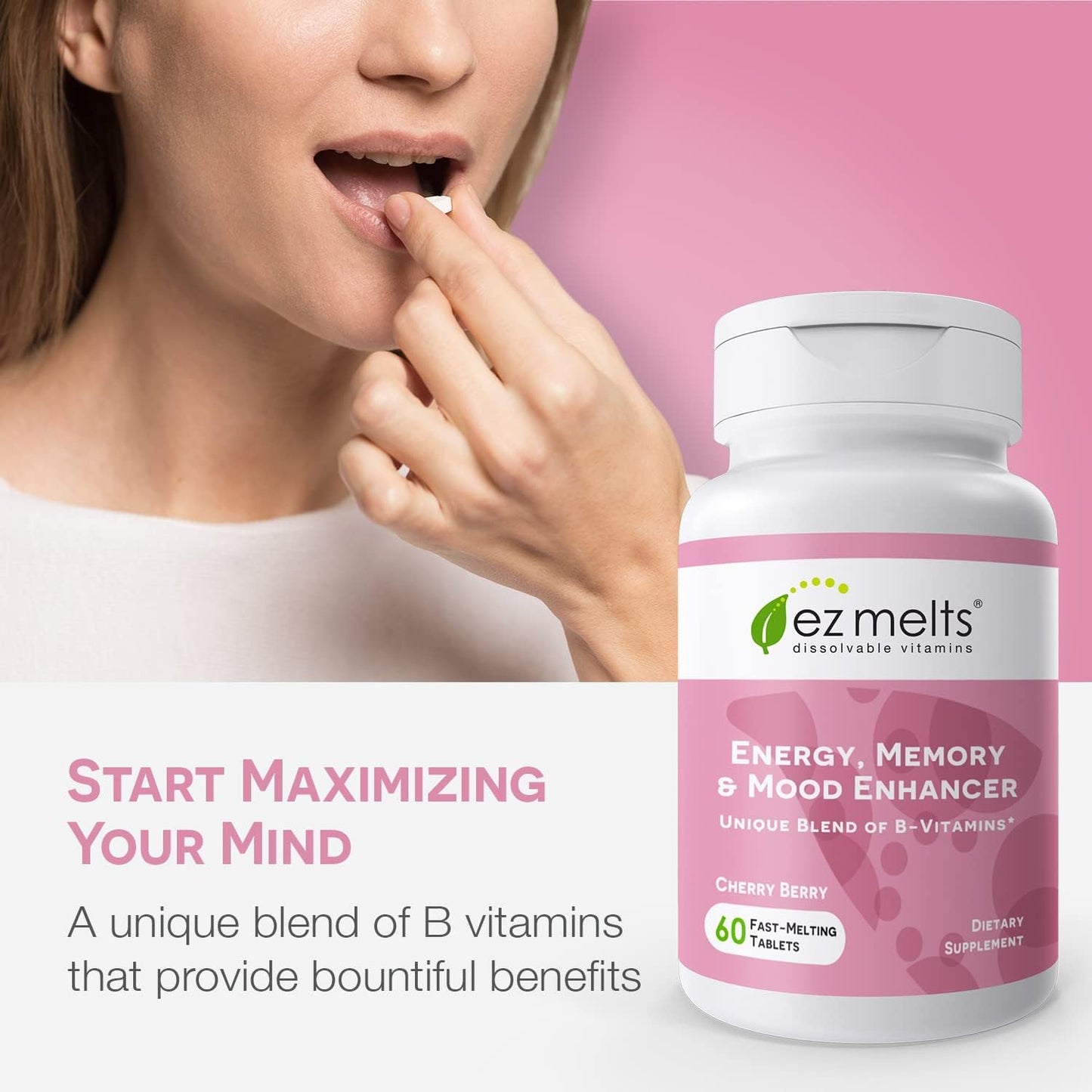EZ Melts Dissolvable B-Vitamin Blend for Energy, Memory, and Mood - Sugar-Free Supplement for 2 Months