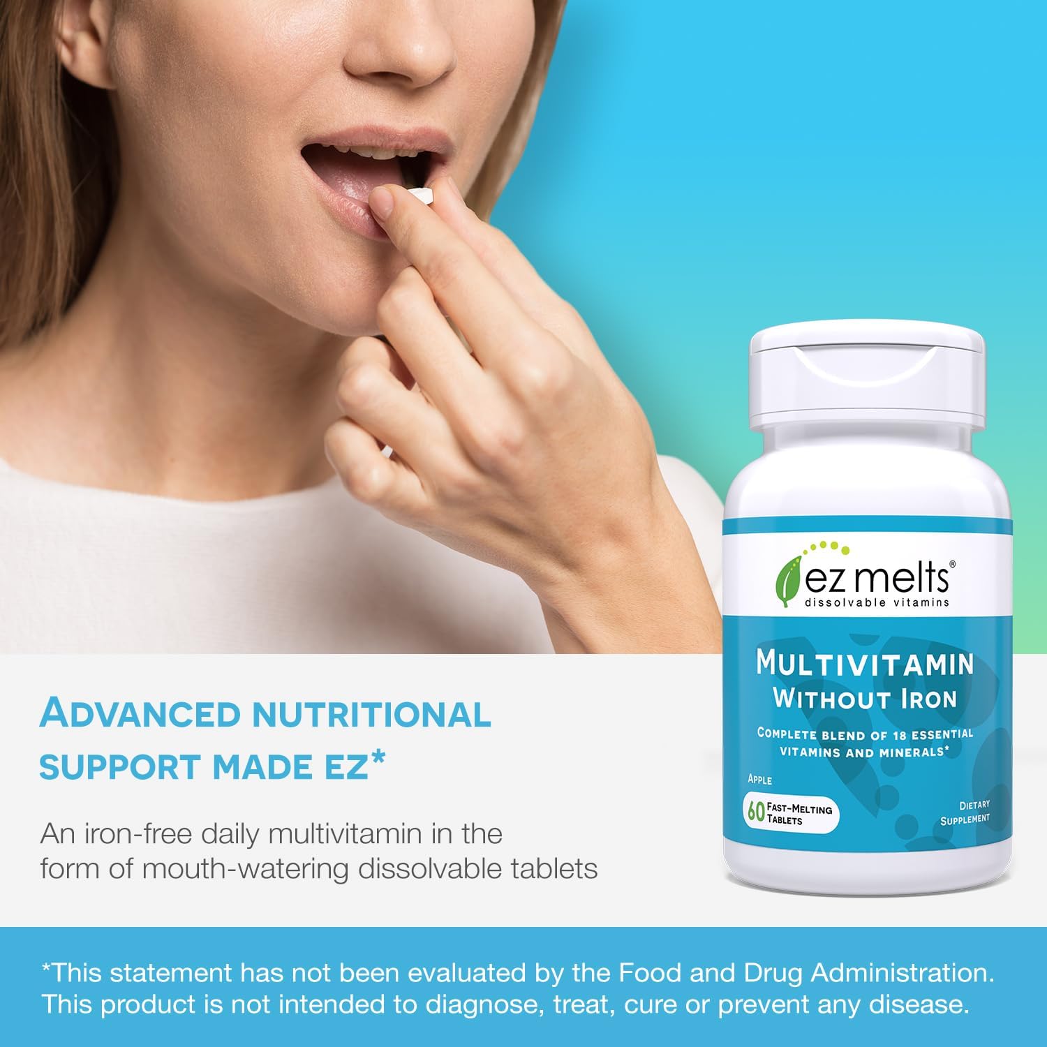 EZ Melts Dissolvable Multivitamin - Iron-Free with 18 Essential Nutrients, Sugar-Free Formula, 30-Day Supply