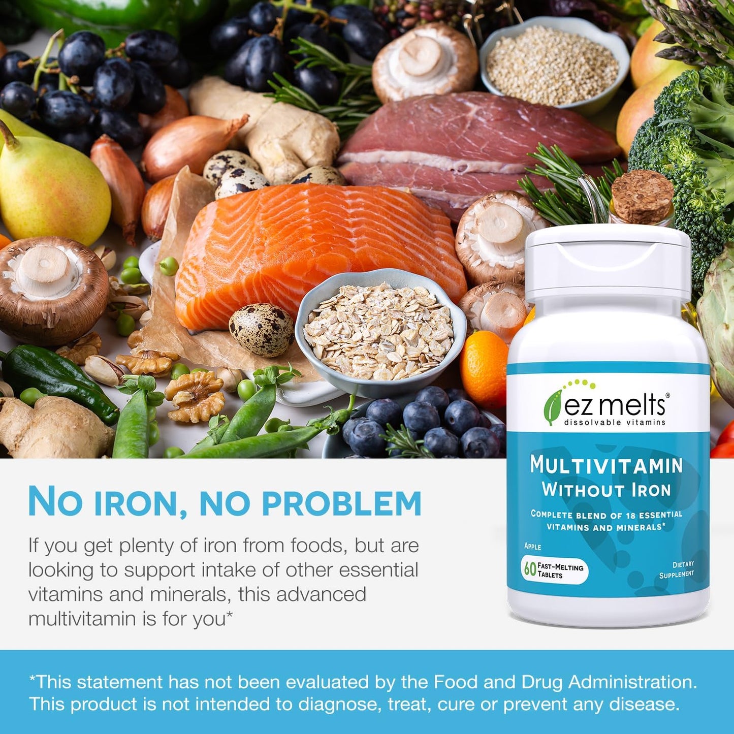 EZ Melts Dissolvable Multivitamin - Iron-Free with 18 Essential Nutrients, Sugar-Free Formula, 30-Day Supply