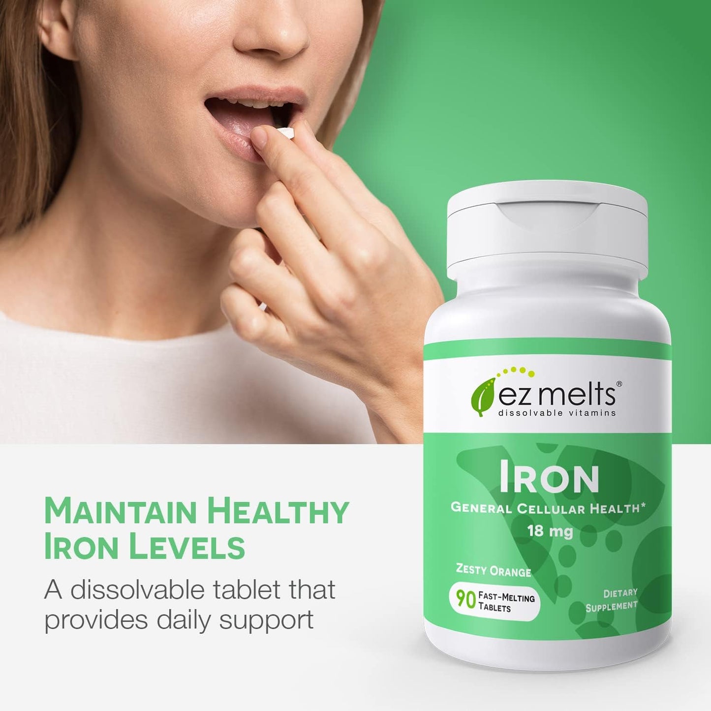EZ Melts Iron 18 mg - Dissolvable, Sugar-Free Tablets for 3 Months