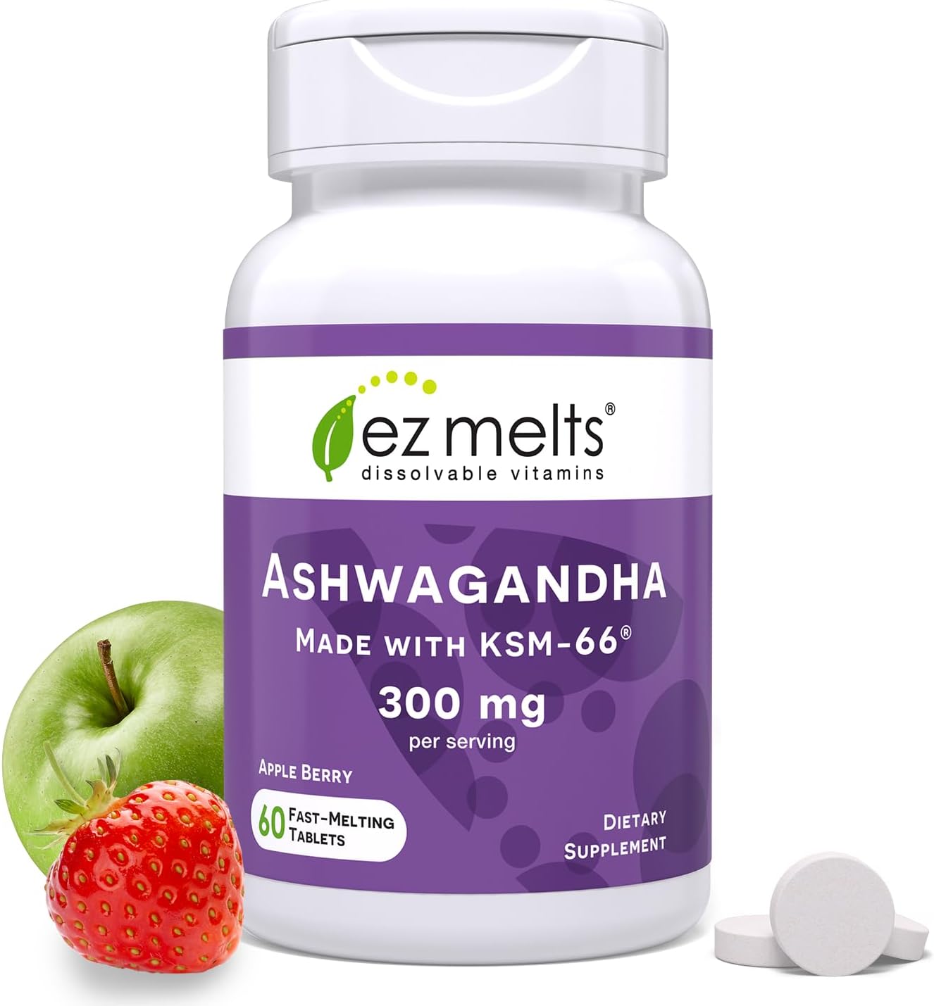 EZ Melts Sugar-Free KSM-66 Ashwagandha® 300mg Tablets for Stress, Sleep, and Mood Support, Apple Berry-Flavor, 30-Day Supply