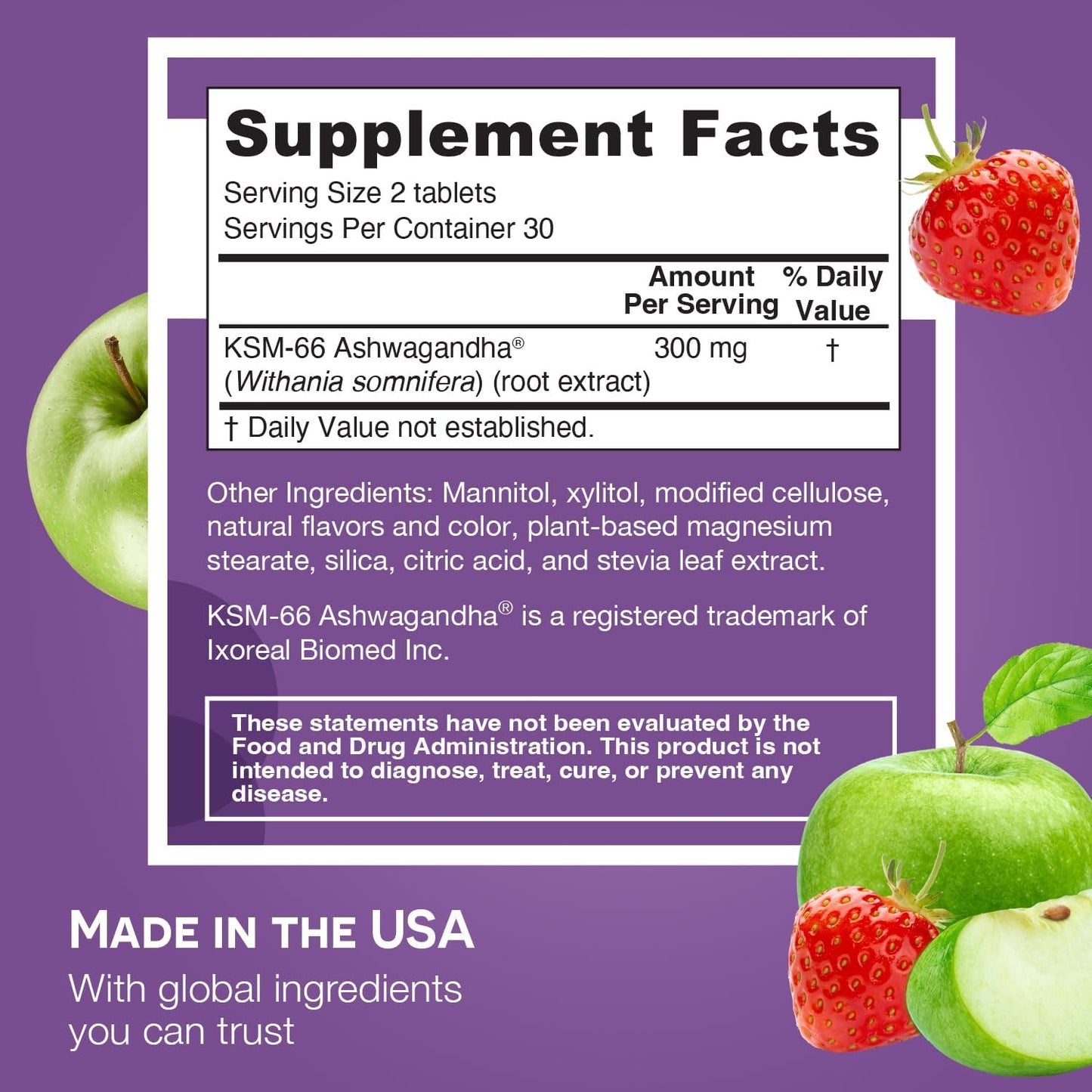 EZ Melts Sugar-Free KSM-66 Ashwagandha® 300mg Tablets for Stress, Sleep, and Mood Support, Apple Berry-Flavor, 30-Day Supply