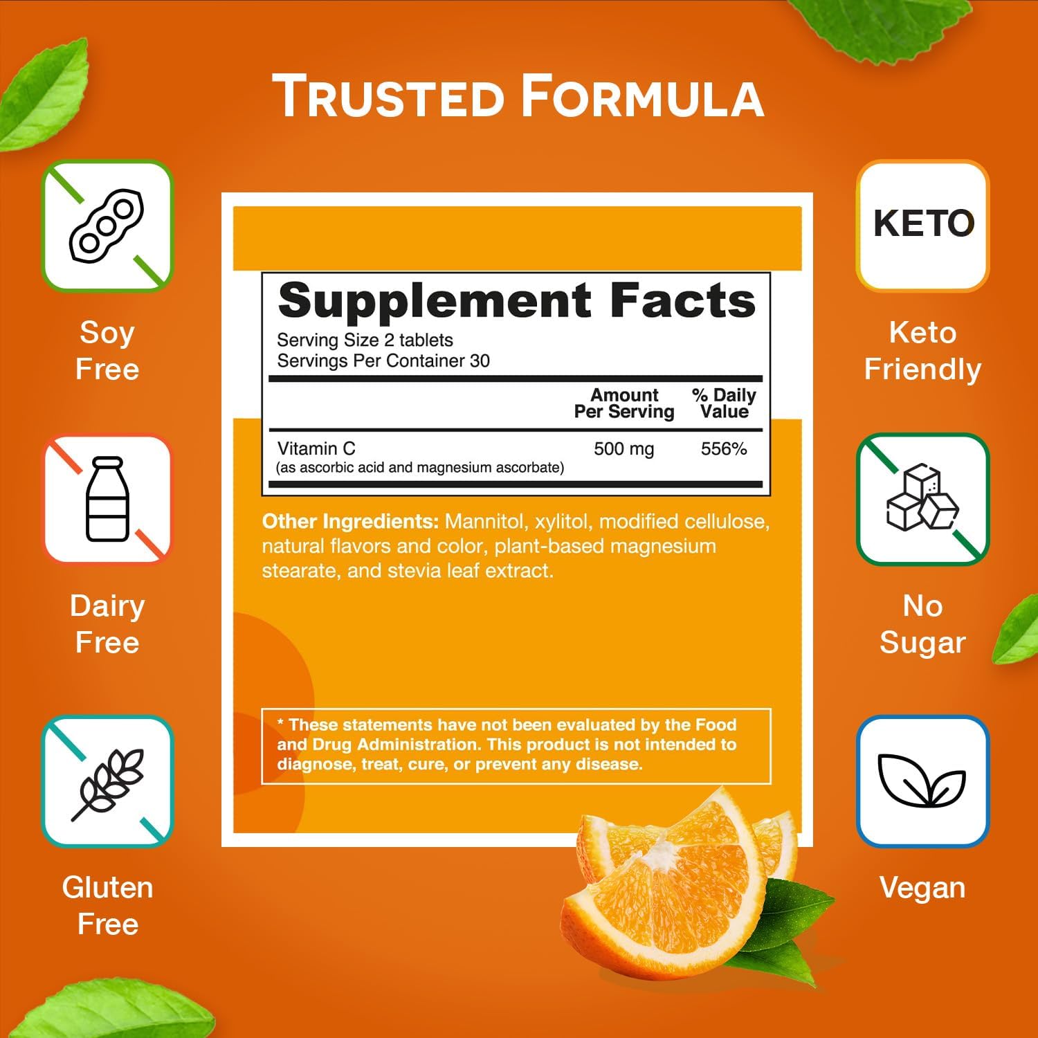 EZ Melts Sugar-Free Vitamin C 500 mg Tablets - Fast Dissolving, 30-Day Supply