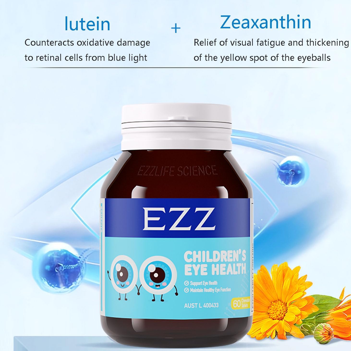 EZZ Children's Eye Health Supplement with Lutein and Zeaxanthin - Natural Formula for Visual Fatigue Relief and Improved Eyesight - 60 Chewable Tablets