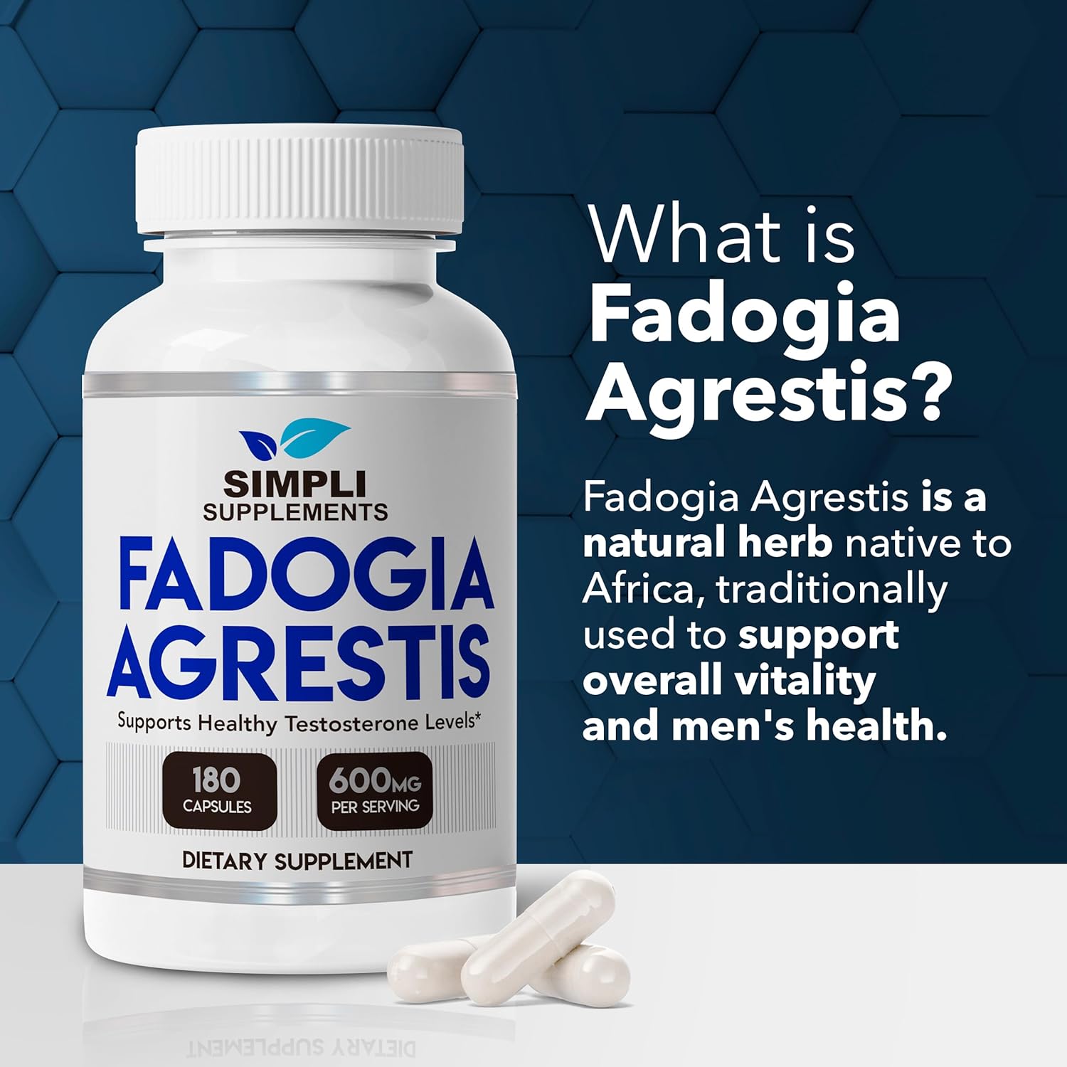 Fadogia Agrestis 600mg Supplement for Natural Testosterone Support - Boosts Muscle Growth, Energy, Drive, and Mood - Non-GMO, Vegan, Gluten-Free - 180 Capsules