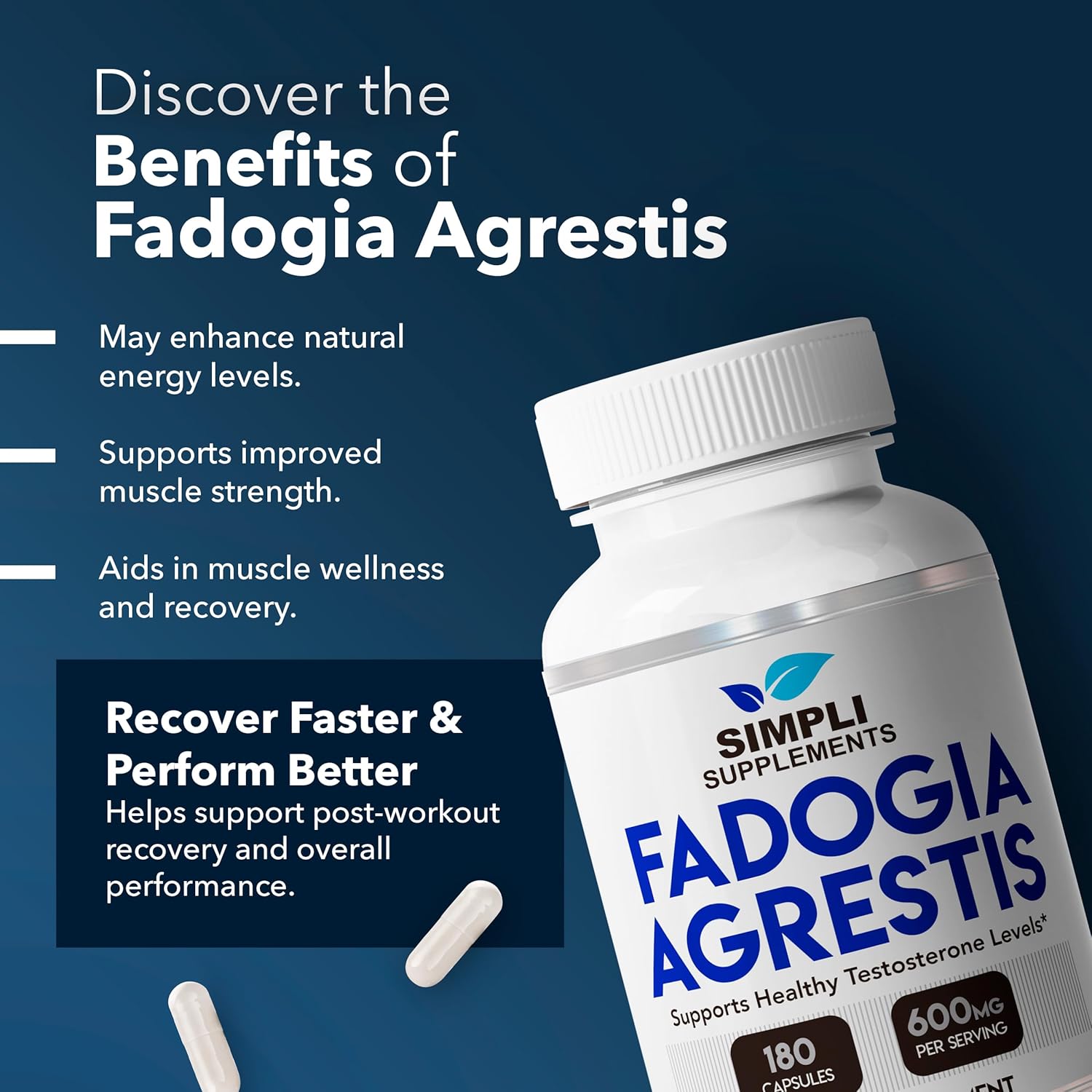 Fadogia Agrestis 600mg Supplement for Natural Testosterone Support - Boosts Muscle Growth, Energy, Drive, and Mood - Non-GMO, Vegan, Gluten-Free - 180 Capsules