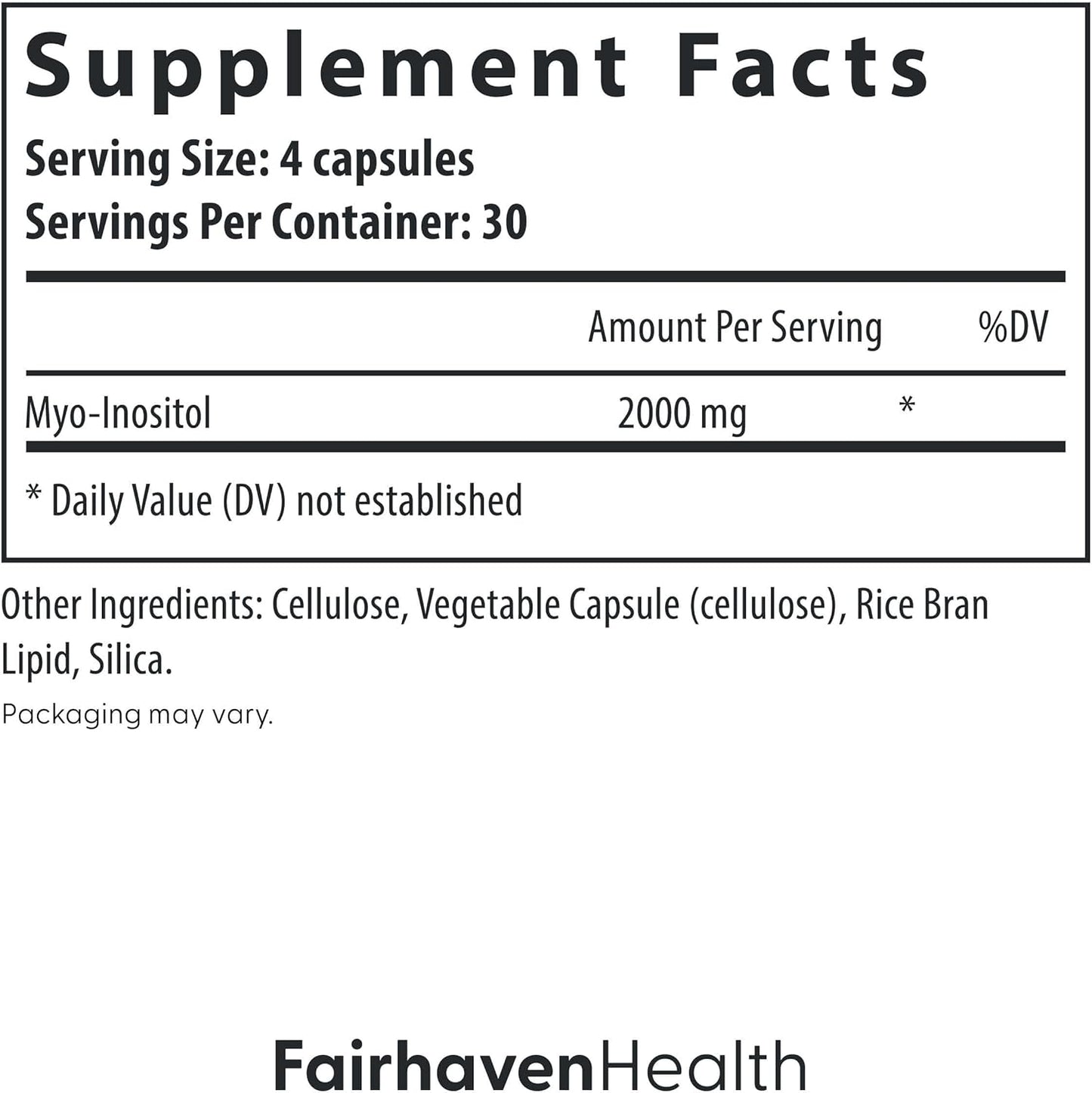 Fairhaven Health Myo-Inositol Supplement 2000mg | Vitamin B8 for Women | Vegan Inositol Capsules | 120 Count