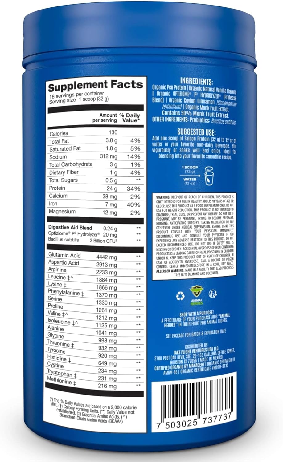 Falcon Organic Vanilla Vegan Protein Powder - 24g Protein, Sugar Free, Probiotics, Low Carb, Keto Friendly - Plant Based Pea Protein Powder - 20 Servings
