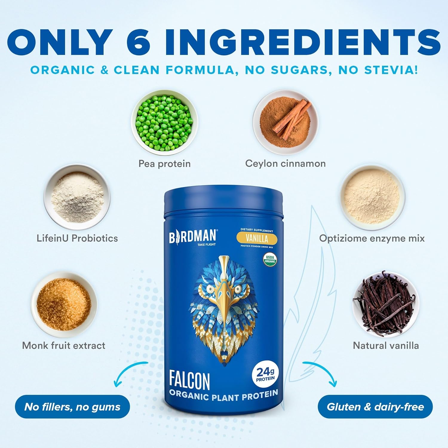 Falcon Organic Vanilla Vegan Protein Powder - 24g Protein, Sugar Free, Probiotics, Low Carb, Keto Friendly - Plant Based Pea Protein Powder - 20 Servings