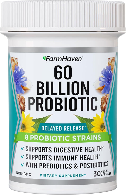 FarmHaven 60 Billion CFU Probiotic with 8 Strains, Prebiotics, and Postbiotics for Digestive & Immune Health - Delayed Release - 30 Capsules
